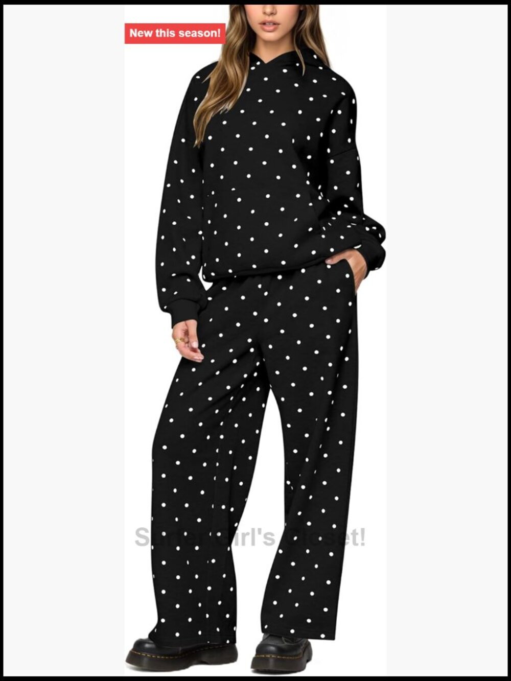 Fleece Lining Polka Dot Hoodie and Sweatpants Set with Pockets